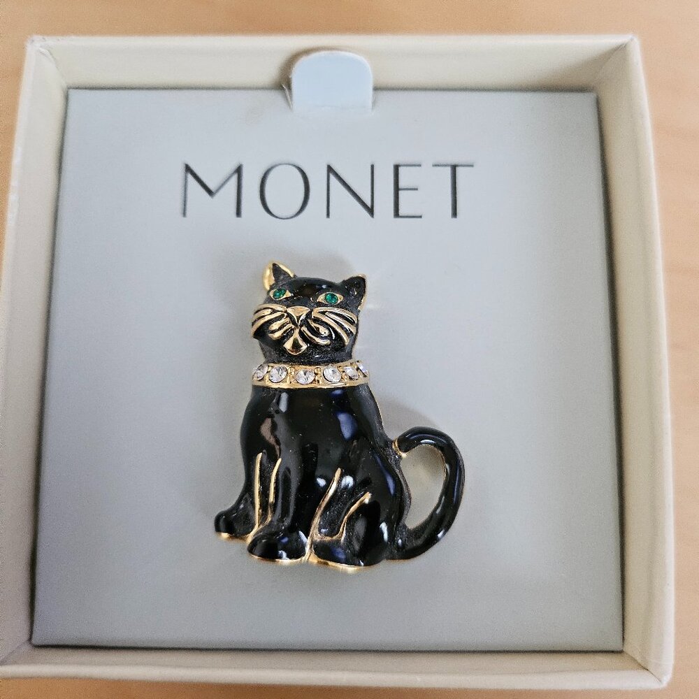 Monet Black Enamel Cat Brooch